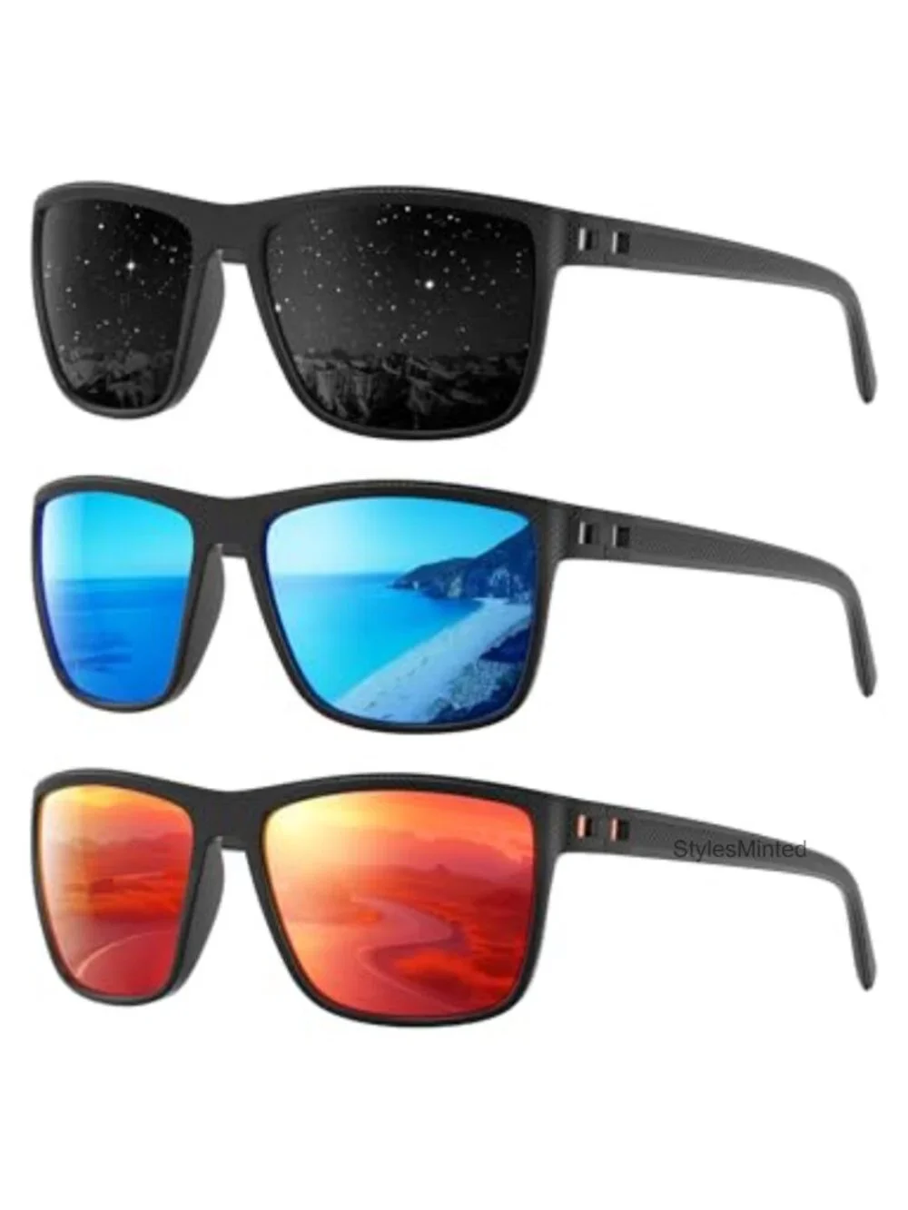 Polarized Sunglasses 3-Pack UV Protection Rectangular Lightweight Men Women